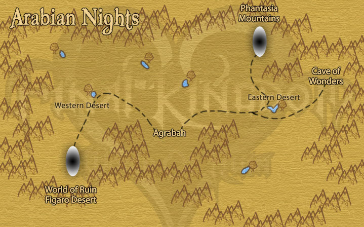                               ( Phantasia Mountain )                                /  Desert - Agrabah - Eastern Desert - Cave of Wonders        \          ( Figaro Desert )  